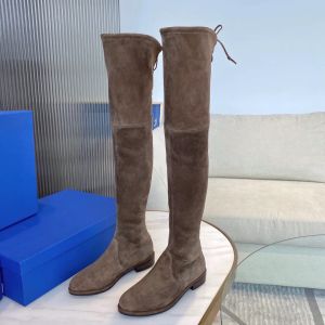 Qualidade moda camurça sw botas altas apertadas rendas tecido elástico dedo do pé redondo plano sobre o joelho botas marrom cinza outono inverno botas longas