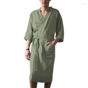 Men's Sleepwear Muslim Dressing Gowns Solid Color Shower Robe Spring Summer Loungewear Mid-length Quarter-sleeved Bathrobe Man