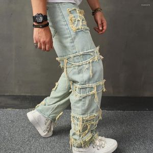 Calças de brim masculinas streetwear elegante rasgado remendo calças soltas masculino casual calças jeans retas alta rua larga perna jeans