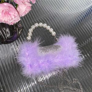 Ostrich Hair Dinner Small Square Bag Shiny Full Diamond Plush Rhinestone Bag Pearl Flap Plush Hand Bag Crossbody Bag 230401