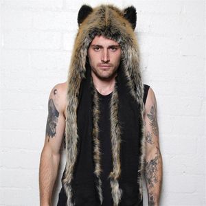 2018 Women Men Winter Faux Fur Hood Animal Hat Ear Flaps Hand Pockets 3in1 Hood Hat Wolf Plush Warm Animal Cap with Scarf Gloves229k