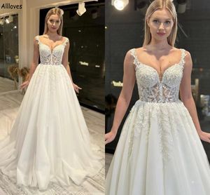 Plus Size Maternity A Line Wedding Dresses For Women See Through Corset Lace Appliqued Bridal Gowns With Spaghetti Straps Tulle Sweep Train Vestidos De Novia CL2122