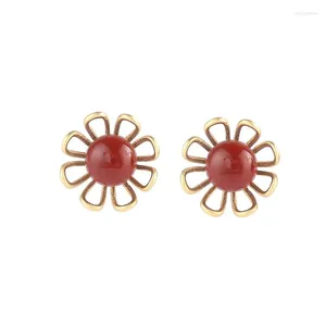 Studörhängen ES309 ZFSILVER 925 Silver Korean Fashion Trendy Luxury South Red Agate Hollow Flower Earring smycken Kvinnor Match-alla flickor