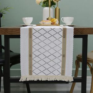Table Runner Diamond Table Runner Retro Cotton and Linen Jute Woven Hollow Tassel Holiday Placemat Tablecloth White Background Home Textile 231101