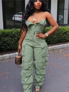 Women's Two Piece Pants Sexy Strapless Button Front Ruched Cargo Jumpsuit Women With Pocket One 2023 Autumn High Street Romper Playsuit 231031