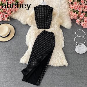 Work Dresses Sexy Black Diamonds 2pcs Set Women Party Sleeveless Short Tops High Waist Split Skirt Female Two Piece Suits Club Fashion 2023