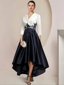 Elegant Hi-Lo Satin Lace Mother of the Bride Dresses With Pockets A-Line 3/4 Sleeve Pleated Asymmetrical Length Mom of The Groom Dress Godmother Dress for Women