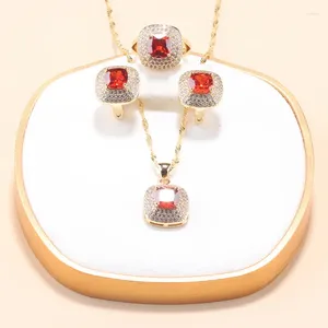 Necklace Earrings Set 12-Colors Unique Square Wedding Garnet For Women Zircon And Clip Bridal Costume Adjustable Ring