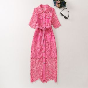 Pink Lace Dress Sexy Cutout 2023 Fashion New Style Temperament Celebrity Delicate Waist Wrapped Heavy Duty Dress S-XL