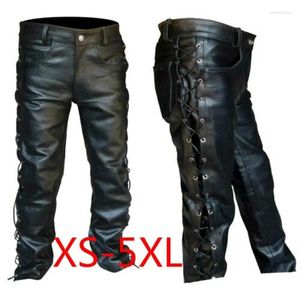 Мужские брюки на шнуровке, кожаные мотоциклетные брюки в стиле панк, черные для мужчин, модная зимняя мужская одежда больших и высоких размеров, брюки Homme