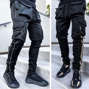 Designer calças de carga homens primavera outono estiramento multi-bolso faixa reflexiva em linha reta esportes fitness corredores moda hip hop streetwear calças casuais