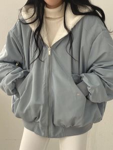 女性用ジャケット冬フリースパーカー韓国ファッション両面フード付きコート女性特大のカジュアルルーズジップアップ豪華な231031