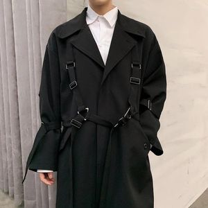 Casacos de Trench Masculinos 2023 Outono Inverno Techwear Hip Hop Ajustável Strap Casaco Mens Coreano Moda Longa Jaqueta Rua Casual Overcoat