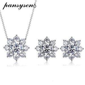 Conjuntos de jóias de casamento Pansysen 100 925 Sterling Silver Flor Forma 8mm Alto Carbono Diamante Cadeia Colares Brincos Fine 231101