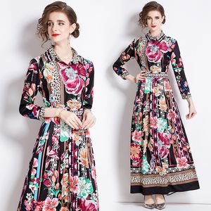 Vintage Floral Maxi Dress Women Designer Long Sleeve Lapel Button Front Bow Belted Ruched Dresses 2023 Spring Autumn Chic Runway Vacation Slim A-Line Party Frocks