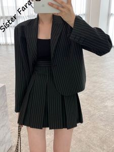 Two Piece Dress Sister Fara Chic Stripe Short Coat Spring Set Woman 2sHigh Waist Pleated Mini Half Skirt Ladies Casual Women 230331