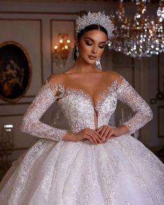 Luxury Lace Wedding Dress 2024 Sparkly Princess Dark V Neck Beading Illusion Sleeve Sweatheart Dress Fluffy Bride Gown Arabic Dubai Vestido De Novia