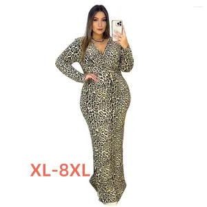 PLUS STORLEK KLÄNNER 4XL 5XL 6XL 7XL 8XL LEOPARDPRINT V-NECK Lång ärm Temperament Autumn Body Wrap Hip Dress for Party