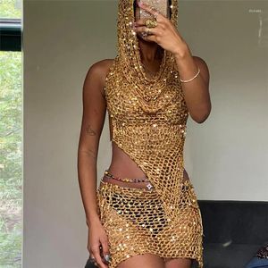 Work Dresses Summer Sexy Hollow Knit Crochet 2 Piece Set Women Sequins Hooded Backless Tank Tops Shorts Hipster Skirt