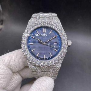 Ap ice out relógio masculino relógios de diamante completo para relógios masculinos rosto azul relógio de pulso mecânico automático movimento à prova dwaterproof água 42mm 15110 229c