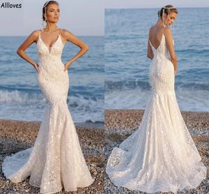 Mermaid Wedding Trumpet Lace Dresses for Bride Summer Beach Spaghetti Straps Bridal Gowns Sexy Low Back Fishtail Plus Size Boho Reception Party Dress Robes