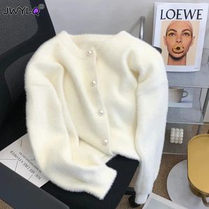 Women Swatters Wool Blends Korean Simple Oneeck Single Breasted Imitation Mink Velvet Knited Sweter swobodny luźne miękkie guziki perłowe Kobiety 231031