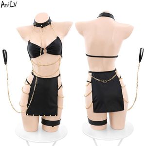 Ani Abito a catena dorata Corda da trazione Temperamento Uniforme Donna Gonna sexy con rivetti opachi Pamas Outfit Costumi cosplay