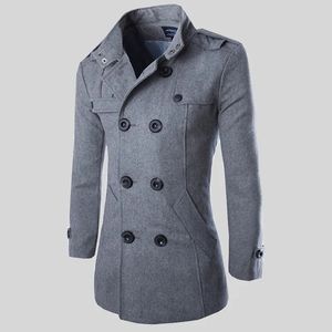 Мужские полушерстяные пальто 2023, осень, мужской бутик, черный, серый, классические однотонные толстые теплые пальто, мужской удлиненный плащ, мужская куртка 231101