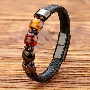 Strand Natural Tiger Eye Stone Chakra Chokm de aço inoxidável masculino Braclets de couro genuínos pulseiras por atacado