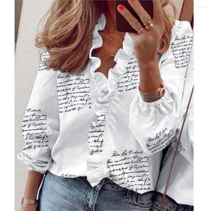 Women's Blouses Shirt 2024 Spring/Summer Long Sleeved Ruffle Panel V-neck Office Lady Casual Letter Print Pullover