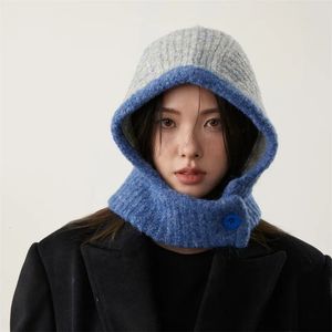 Stingy Brim Hats Japanese Retro Balaclava Hat Winter Integrated and Neck Cold Proof Warm Knit Cap Fashion Color Matching Women s 231101