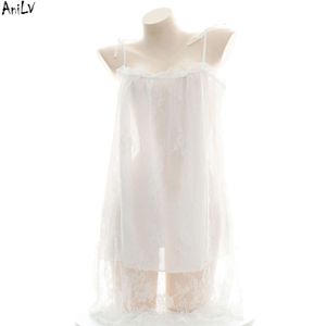 Ani wome renda branca slash neck nightdress traje princesa menina cinta de espaguete vestido pijamas uniforme roupas tamanho grande cosplay