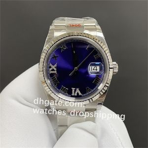 36 mm męski ruch automatyczny Automatyczny Data 6-9 Diamond Skala czasowa Niebieska rzymska tarcza 18K Białe złoto Zegarki ze stali nierdzewnej Sapphire Sapphire