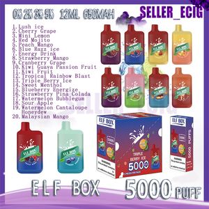 Original ELF BOX 5000 Puff Descartáveis E Cigarros 0.8ohm Malha Bobina 12ml Pod Bateria Recarregável Eletrônico Cigs Puff 5K 0% 2% 3% 5% Vape Descartável 20 sabores