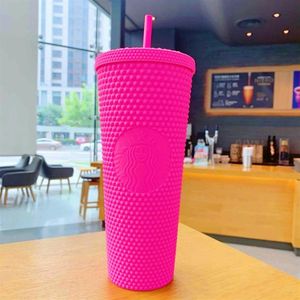 Verão Starbucks fluorescente rosa durian laser copo de palha de palha de alta capacidade 710ml sereia plástico água fria caneca presente283h