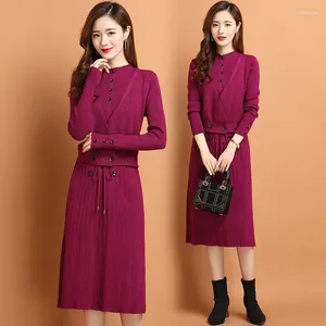 Work Dresses Woman Two Piece Sweater Dress Female Vintage Long Sleeve And Knitted Vest Ladies Streetwear Loose Vestidos Outfits G444