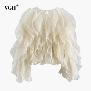 VGH Elegant Patchwork Ruffle Chiffon Blouses Women O Neck Lantern Long Sleeve Loose Shirt Female Clothes Fashion Summer 231031