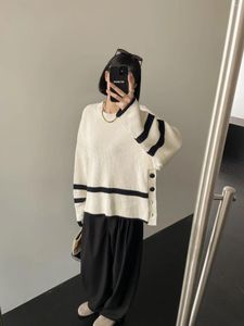 Women's Sweaters 2023 Winter Clothing Idle Style Striped Side Button Split Knit Sweater 1014