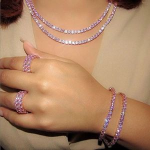 Conjuntos de jóias de casamento rosa banhado a ouro rosa cz tênis corrente conjunto de jóias de alta qualidade pinky menina moda colar pulseira anel 231101