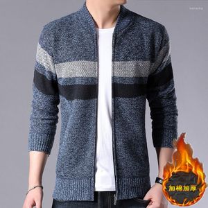 Herren Pullover Herbst Winter Herren Strickwaren Dickes Fleece Baseballkragen Gestreifte Pullover Jacke Warmer Mantel Lässig Lose Strickjacke mit Reißverschluss