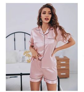 Kvinnors sömnkläder Kvinnor Silk Satin Pyjamas Set Short Sleevve Twopiece PJ Set Loungewear Buttondown 231031