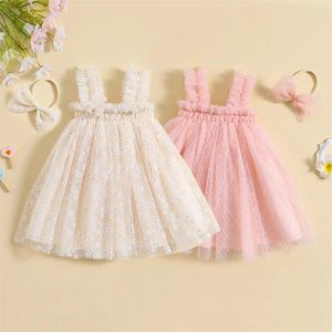 Girl Dresses 1-5Y Kids Girls Flower Embroidered Tulle Dress With Headband Baby Sleeveless Sling Casual Sweet Summer Children Clothing