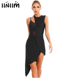 Stage Wear Womens Lyrical Latin Ballroom Dance Costumes Sleeveless Asymmetrical Hem Ballet Leotard Dress Modern Contemporary Dancewear