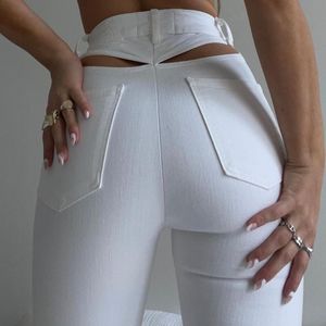 Women's Pants & Capris 2023 Women Black White Sexy Cut Out Holes Slim Fitness Sweat Flare Hollow Trousers Streetwear Pant