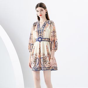 Vintage 2024S New Paisley Mini Floral Dress Women Designer Long Sleeve V-Neck Slim Ruched Vacation Party Dresses With Belt 2023 Autumn Winter Casual es