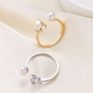 Cluster Rings Fashion Freshwater Pearl Ring 7mm Bright Light Adjustable Plated Real Gold For Women Fine Jewelry Accessories Wholesale