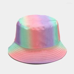 Berets Tie Dye Costura Cor Plana Top Dobrável Chapéu de Pescador Verão Proteção Solar Dupla Face Bacia Cap Mulheres