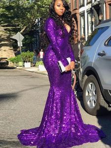 Glitter Sequins Mermaid Evening Dress 2024 V Neck Party Black Girl Purple Long Sleeves Women Formal Plus Size Prom Birthday Party Gown Robe De Soiree