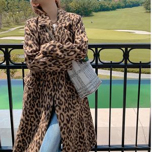 Kadın Yün Karışımları Bahar Kadın Yün Palto Klasik Leopar Baskı Gevşek Stil Uzun Kollu Kadın Moda Uzun Kat Casaco Feminino 231101