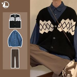 Women s Two Piece Pants Autumn Japanese 3 Set Men Women College Knitted Vest Jogging Pant Long Sleeve Shirts Vintage Wide leg Baggy Casual Suits 231101